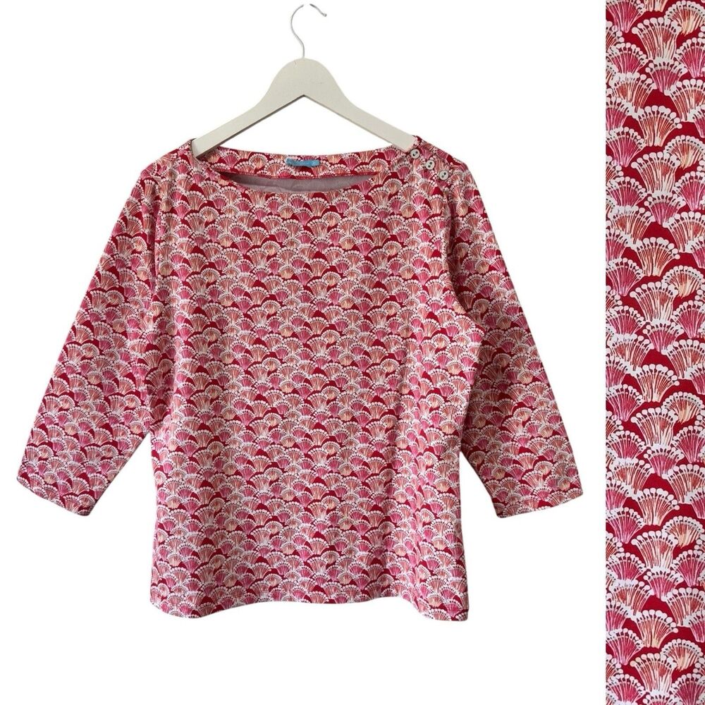 J. McLaughlin Wavesong Stretchy Top Coral Fan Pink Boat Neck 3/4 Sleeve XL EUC
